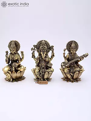 6" Small Superfine Lakshmi Ganesha Saraswati | Set of Three Brass Statues