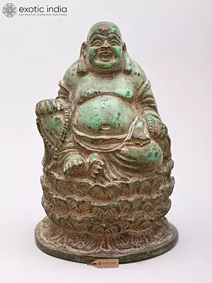 Small Brass Laughing Buddha (Budai) Statue on Lotus - 4 Inch