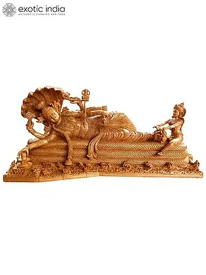 Lord Vishnu in Ananthasayanam: A Detailed Wood Carving