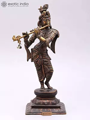 12" Fluting Lord Krishna Brass Statue with Copper and Silver Inlay