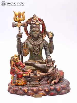 10" Lord Shiva with Ganesha Worshipping The Shivalinga | Hand-Carved Wooden Statue