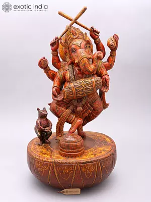 Lord Ganesha Dholak Dancer Wooden Sculpture | 19" Handcrafted Figurine