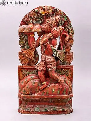 18" Hand-Painted Wood Carved Statue: Lord Hanuman with Sanjivani Mountain