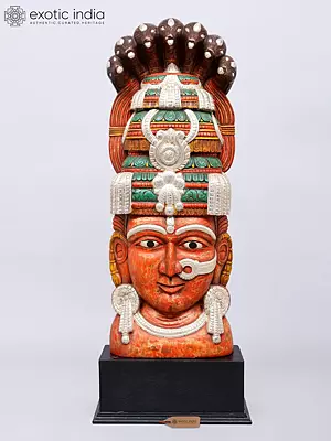 36" Large Goddess Parvati Head Wood Statue with Silver Work