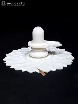 14" White Marble Shiva Lingam with Lotus Base