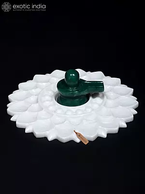 10" Green Shiva Lingam Marble Statue on Lotus Design Base