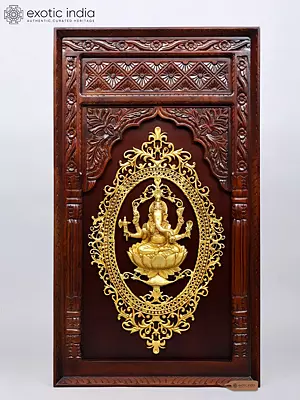 48" Large Wood Framed Lord Ganesha Statue in Brass | Wall Hanging