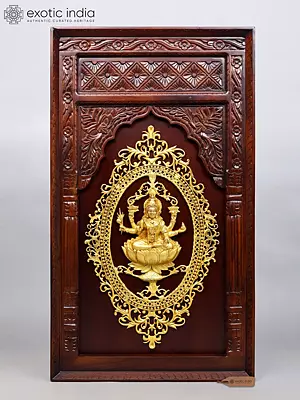 48" Large Wood Framed Goddess Lakshmi Brass Wall Hanging Statue