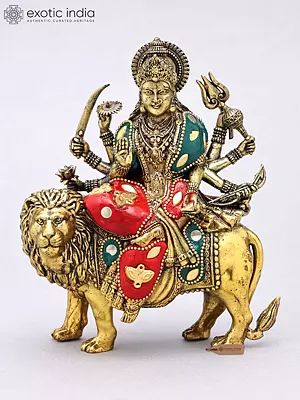 5" Small Superfine Goddess Durga (Sherawali Maa) | Brass Statue with Inlay Work