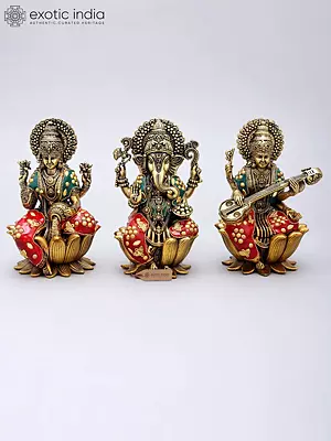 Brass Statues Set: Ganesha, Lakshmi, Saraswati (6" Height, Superfine Inlay)