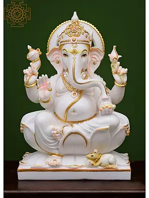 White Marble Lord Ganesha Sculpture | 12 Inch Four Armed Deity