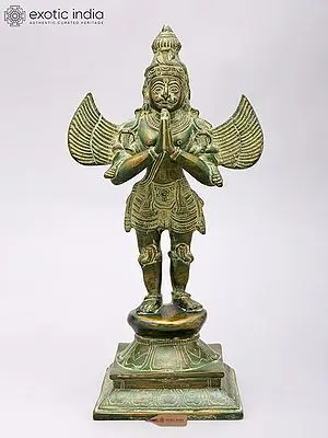Brass Garuda Sculpture: 15" Tall, Namaskar Pose