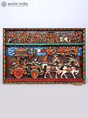 51" Large Gita Upadesha Scene - Lord Krishna and Arjuna | Hand-Carved Wooden Wall Panel