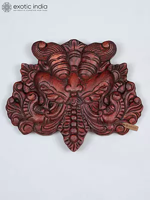 Wood Carved Kirtimukha Guardian Mask Wall Hanging - 12 Inches