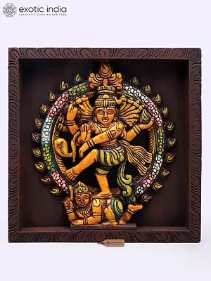 14" Lord Shiva as Nataraja Wood Carved Wall Hanging Panel
