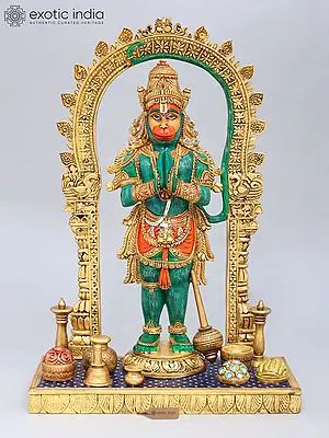 16" Standing Lord Hanuman in Namaskar Mudra | Hand-Painted Wood Carved Statue