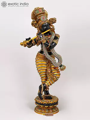 45" Lord Krishna Playing the Flute | Ornate Black and Gold Brass Statue with Inlay Work