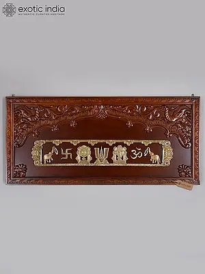 65" Large Wood-Framed Sacred Vaishnava Symbols in Brass | Traditional Indian Wall Panel