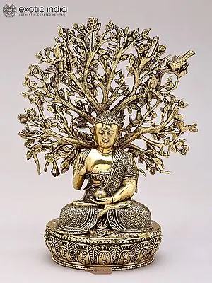 Small Brass Statue: Buddha Seated Under Bodhi Tree (6")