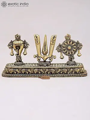 5" Small Superfine Vaishnava Symbols - Shankh (Conch), Tilak & Chakra | Brass Statue