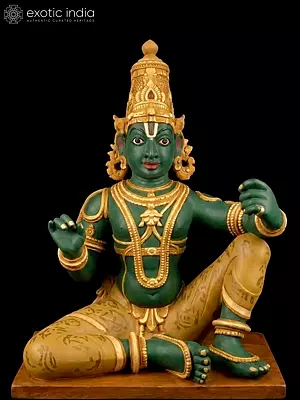 Lord Vishnu Deity Sculpture - Hand-Painted Wood, 27" Tall