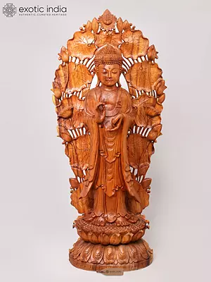 Large Standing Buddha Wood Carving with Floral Arch - 45 Inch Statue