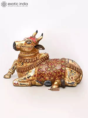33" Decorative Nandi Bull with Hand-Painted Mantras & Symbols | Brass Statue
