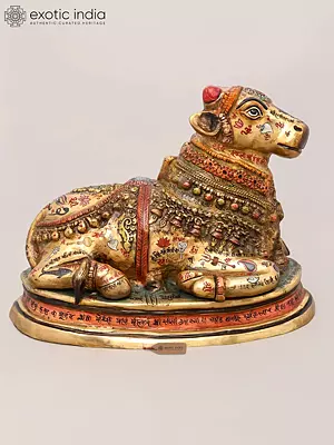 Brass Sitting Nandi Statue: Hand-Painted with Sacred Mantras & Divine Symbols (17")