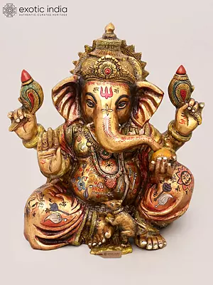 Brass Statue: 13" Four Armed Blessing Lord Ganesha with Sacred Mantras & Divine Symbols