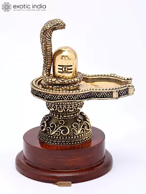 Brass Shivalinga Statue with Serpent on Wood Base