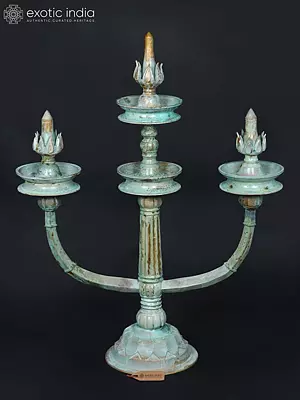 Traditional Three-Branched Brass Oil Lamp - 36" Kavara Vilakku from Kerala