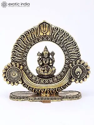 4" Brass Lakshmi Statue: Goddess of Wealth with Conch, Chakra & Tilak