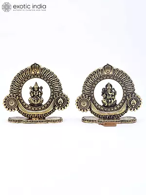 Brass Lakshmi Ganesha Pair: 4" Statues with Auspicious Symbol Carvings