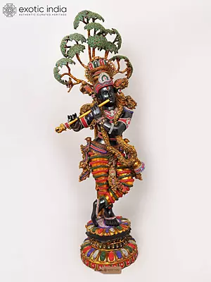 Large 57" Brass Statue: Tribhanga Krishna Playing Flute with Kadamba Tree