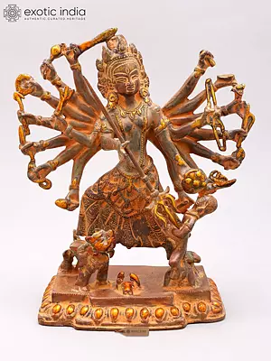 10" Eighteen Armed Goddess Mahishasuramardini (Maa Durga) Brass Statue