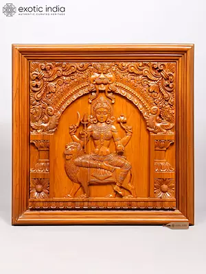 Hand-Carved Teakwood Wall Panel: 29" Durga (Sherawali Maa)