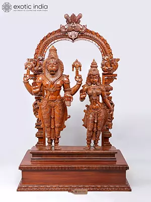 62" Large Standing Lord Narasimha with Devi Lakshmi on Kirtimukha Throne | Hand-Carved Teak Wood Statue