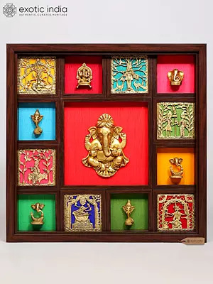 26" Designer Lord Ganesha Brass & Wood Wall Hanging | Wooden Frame with Assorted Color Fabric Background