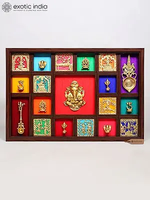 36" Large Lord Ganesha Brass & Wood Decorative Wall Hanging | Handcrafted Wooden Frame with Assorted Color Fabric Background