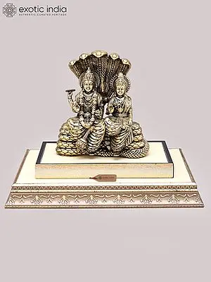 9" Brass Statue of Vishnu & Lakshmi on Sheshnag with Wood Base