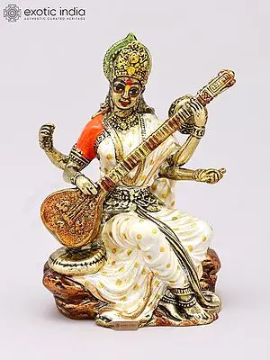 3" Small Superfine Hand-Painted Brass Statue of Hindu Goddess Saraswati