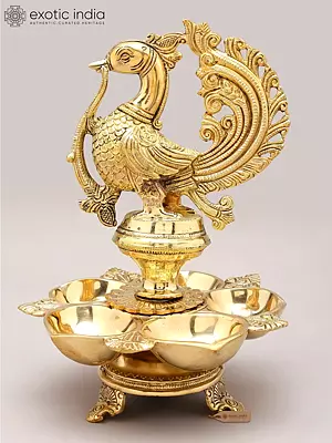 12" Five Wicks Brass Peacock Lamp