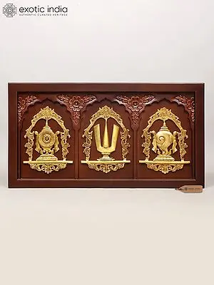 36" Large Wood-Framed Sacred Vaishnava Symbols in Brass Wall Panel