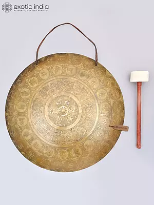 22" Tibetan Buddhist Bronze Gong with Religious Symbols and Mantras