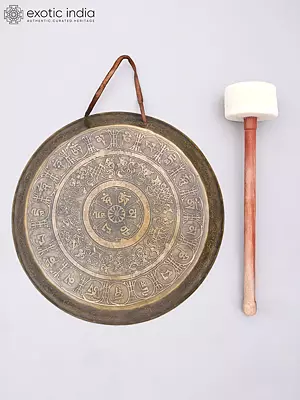 13" Bronze Ashtamangala Engraved Healing Gong with Beater