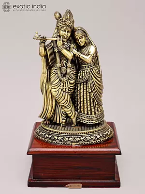 Divine Radha Krishna Brass Sculpture with Wooden Base