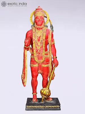 94" Large Sindoori Gold Standing Lord Hanuman in Blessing Posture | Brass Statue