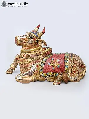32" Brass Nandi with Hand-Painted Sacred Mantras & Divine Symbols