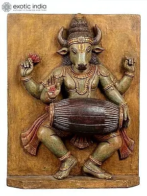 24" Four Armed Nandi Playing Dholak Wood Carved Relief Panel