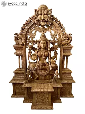 34" Four Armed Seated Goddess Lakshmi Wood Statue with Kirtimukha Arch and Temple Base